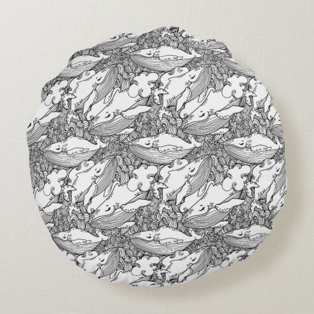 Zwarte en witte bultrug rond kussen (Achterkant)