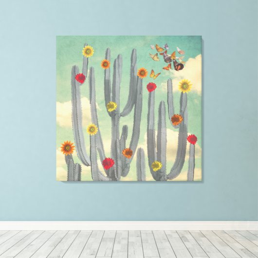 Zwarte en witte cactus met bloemen Collage Art Canvas Afdruk (Insitu (Houten vloer))
