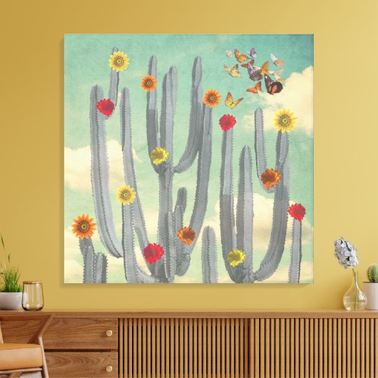 Zwarte en witte cactus met bloemen Collage Art Canvas Afdruk (Insitu (Woonkamer))