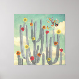 Zwarte en witte cactus met bloemen Collage Art Canvas Afdruk