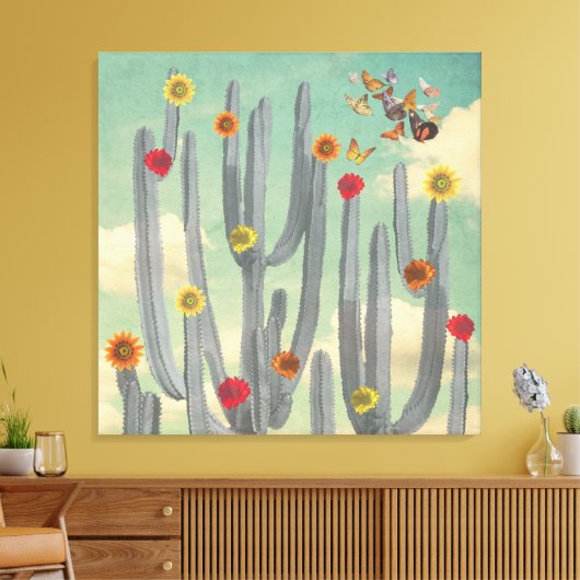 Zwarte en witte cactus met bloemen Collage Art Canvas Afdruk (Insitu (Woonkamer))