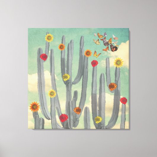 Zwarte en witte cactus met bloemen Collage Art Canvas Afdruk (Voorkant)