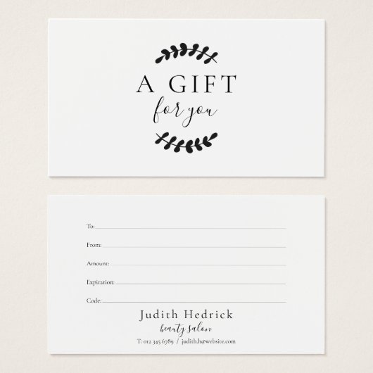 Zwarte en witte cadeaubon met laurierbladeren visitekaartje (Voorkant /achterkant)