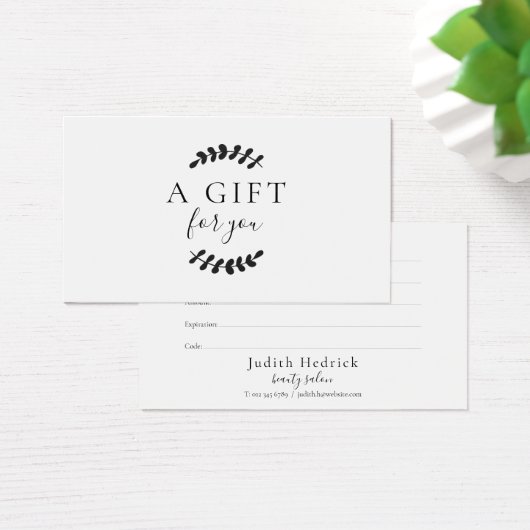 Zwarte en witte cadeaubon met laurierbladeren visitekaartje (Bureau)