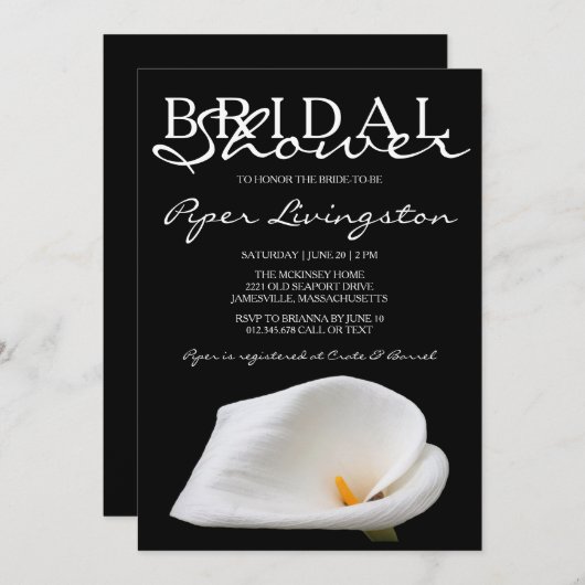 Zwarte en witte Calla Lily Bridal Shower-uitnodigi Kaart (Voorkant / Achterkant)