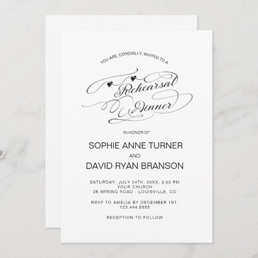 Zwarte en Witte Calligrafie Oefen Diner Chic Kaart (Voorkant / Achterkant)