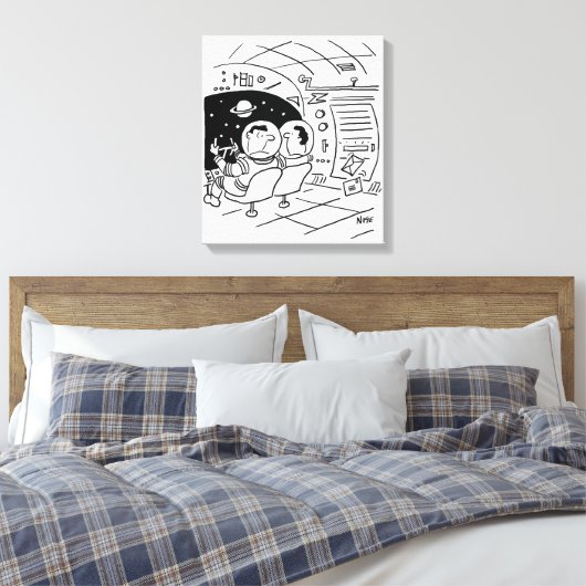 Zwarte en witte Cartoon Kunst van het ruimteschip Canvas Afdruk (Insitu (Slaapkamer))