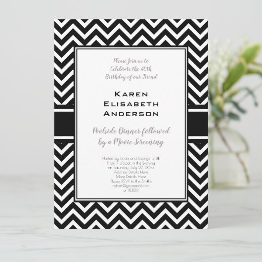 Zwarte en Witte Chevron Birthday Party Kaart (Staand voorkant)
