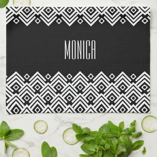 Zwarte en witte chevron-damask (aangepaste naam) theedoek (Gevouwen)