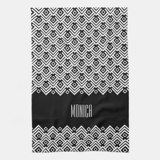 Zwarte en witte chevron-damask (aangepaste naam) theedoek (Verticaal)