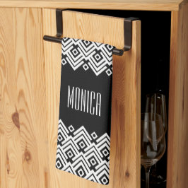Zwarte en witte chevron-damask (aangepaste naam) theedoek