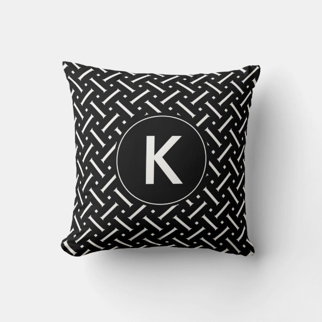 Zwarte en Witte Chevron met aangepast monogram Kussen (Voorkant)
