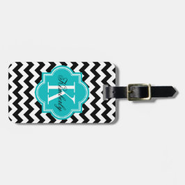 Zwarte en witte Chevron met Blauwgroen monogram Bagagelabel