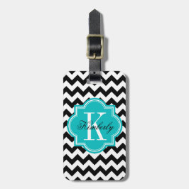 Zwarte en witte Chevron met Blauwgroen monogram Bagagelabel