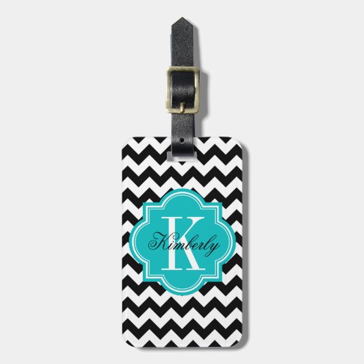 Zwarte en witte Chevron met Blauwgroen monogram Bagagelabel (Voorkant verticaal)