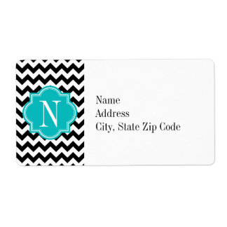 Zwarte en witte Chevron met Blauwgroen monogram Etiket