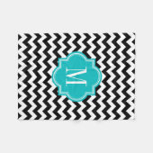 Zwarte en witte Chevron met Blauwgroen monogram Fleece Deken (Voorkant (Horizontaal))