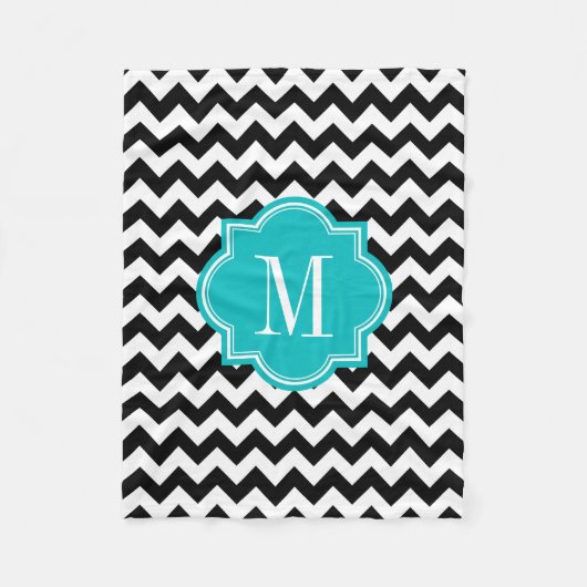 Zwarte en witte Chevron met Blauwgroen monogram Fleece Deken (Voorkant)