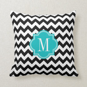 Zwarte en witte Chevron met Blauwgroen monogram Kussen