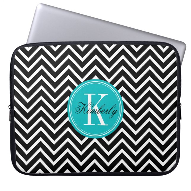 Zwarte en witte Chevron met Blauwgroen monogram Laptop Sleeve (Voorkant)
