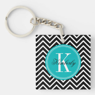 Zwarte en witte Chevron met Blauwgroen monogram Sleutelhanger