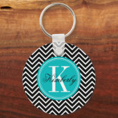 Zwarte en witte Chevron met Blauwgroen monogram Sleutelhanger (Voorkant)