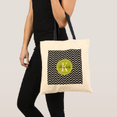 Zwarte en Witte Chevron met Lime Green Monogram Tote Bag (Voorkant (product))