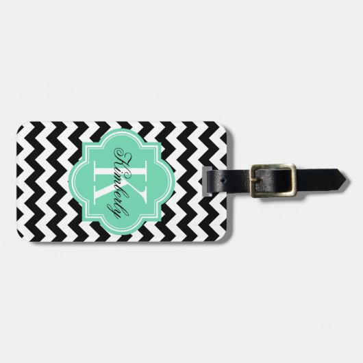 Zwarte en Witte Chevron met Mint Monogram Bagagelabel (Voorkant horizontaal)