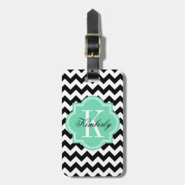 Zwarte en Witte Chevron met Mint Monogram Bagagelabel