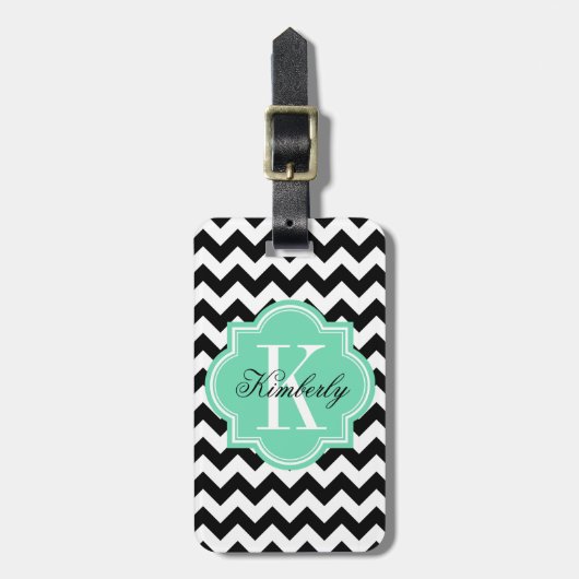 Zwarte en Witte Chevron met Mint Monogram Bagagelabel (Voorkant verticaal)