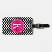 Zwarte en witte Chevron met roze monogram Bagagelabel (Voorkant horizontaal)