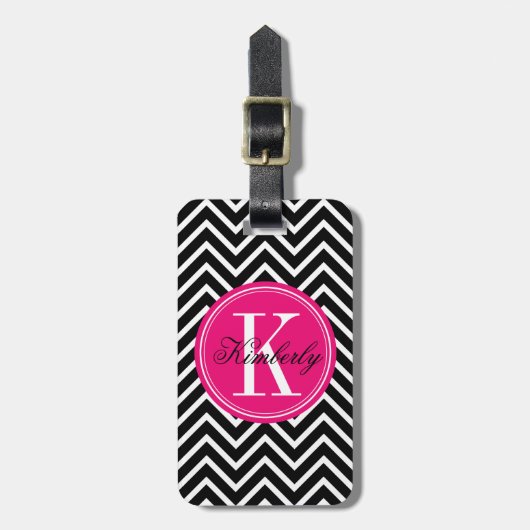 Zwarte en witte Chevron met roze monogram Bagagelabel (Voorkant verticaal)