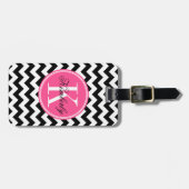 Zwarte en witte Chevron met roze monogram Bagagelabel (Voorkant horizontaal)