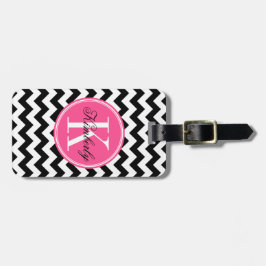 Zwarte en witte Chevron met roze monogram Bagagelabel