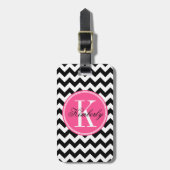 Zwarte en witte Chevron met roze monogram Bagagelabel (Voorkant verticaal)