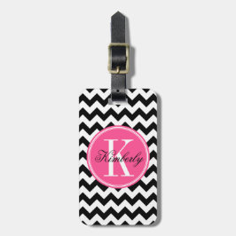 Zwarte en witte Chevron met roze monogram Bagagelabel