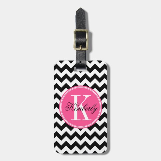 Zwarte en witte Chevron met roze monogram Bagagelabel (Voorkant verticaal)