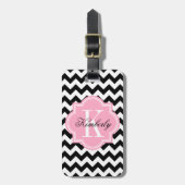 Zwarte en witte Chevron met roze monogram Bagagelabel (Voorkant verticaal)