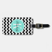 Zwarte en witte Chevron met Turquoise Monogram Bagagelabel (Voorkant horizontaal)