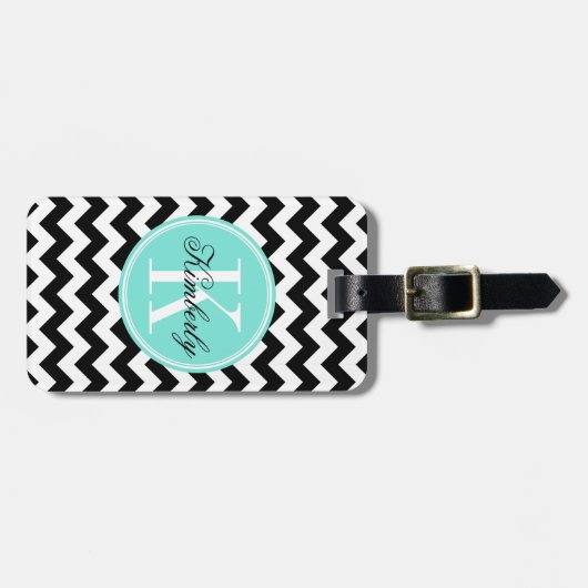 Zwarte en witte Chevron met Turquoise Monogram Bagagelabel (Voorkant horizontaal)