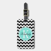 Zwarte en witte Chevron met Turquoise Monogram Bagagelabel (Voorkant verticaal)