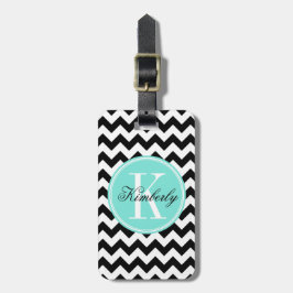 Zwarte en witte Chevron met Turquoise Monogram Bagagelabel