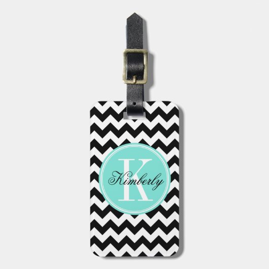 Zwarte en witte Chevron met Turquoise Monogram Bagagelabel (Voorkant verticaal)