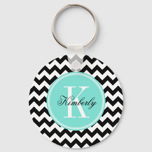 Zwarte en witte Chevron met Turquoise Monogram Sleutelhanger (Voorkant)