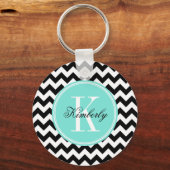 Zwarte en witte Chevron met Turquoise Monogram Sleutelhanger (Voorkant)