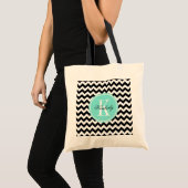 Zwarte en witte Chevron met Turquoise Monogram Tote Bag (Voorkant (product))