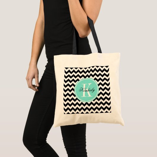 Zwarte en witte Chevron met Turquoise Monogram Tote Bag (Voorkant (product))