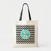 Zwarte en witte Chevron met Turquoise Monogram Tote Bag (Voorkant)