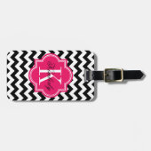 Zwarte en witte Chevron met warmroze monogram Bagagelabel (Voorkant horizontaal)