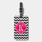Zwarte en witte Chevron met warmroze monogram Bagagelabel (Voorkant verticaal)